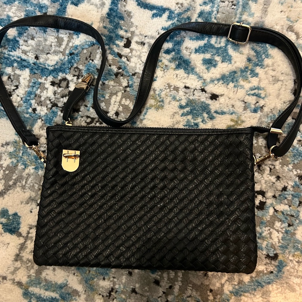 Woven real Leather Black Crossbody Bag with Gold Hardware